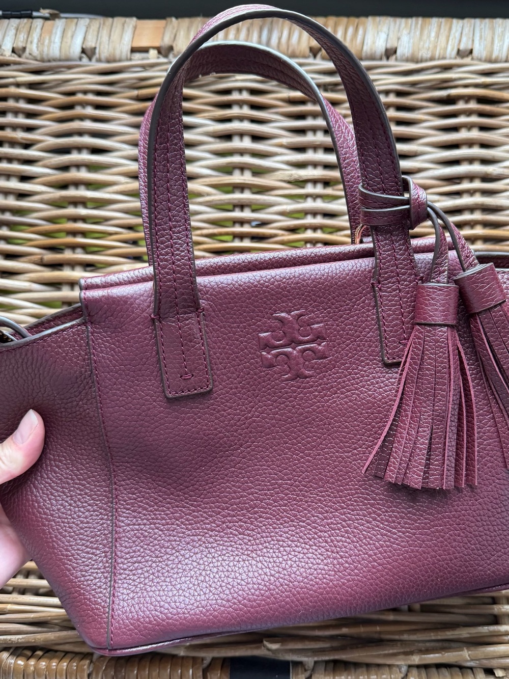 Tory Burch Mini Tote in Burgundy with Tassel And TB Key Chain - Picture 9 of 13